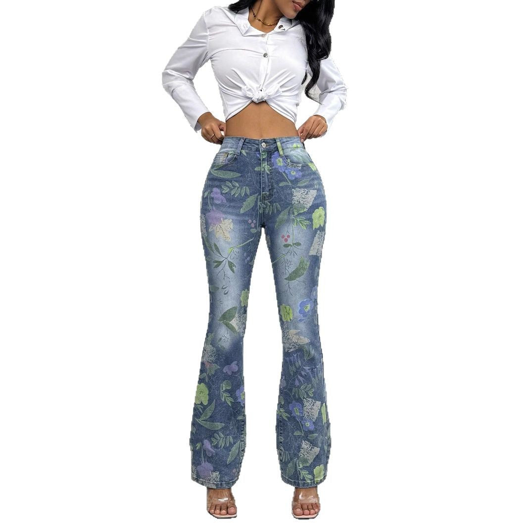 Women's High-Waisted Floral Print Denim Jeans in Light Flared-Straight Cut Fashion Glam