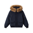 Women's short urban thermal parka with detachable faux fur trim, raglan sleeves, and concealed two-way zipper