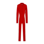 Women's Fitted Rib Knit Jumpsuit with Stand Collar, Zipper and Thumb Hole Fashion Glam