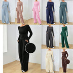 Women’s loungewear set made of softly falling jersey with a boat neckline, fitted long sleeve, and wide palazzo pants Fashion Glam
