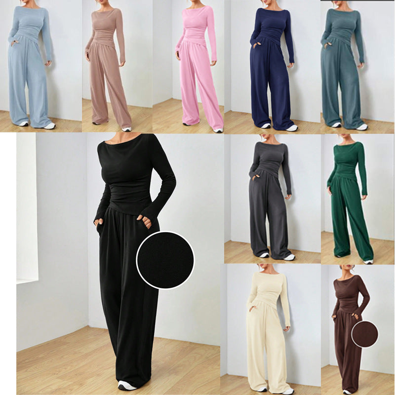 Women’s loungewear set made of softly falling jersey with a boat neckline, fitted long sleeve, and wide palazzo pants Fashion Glam