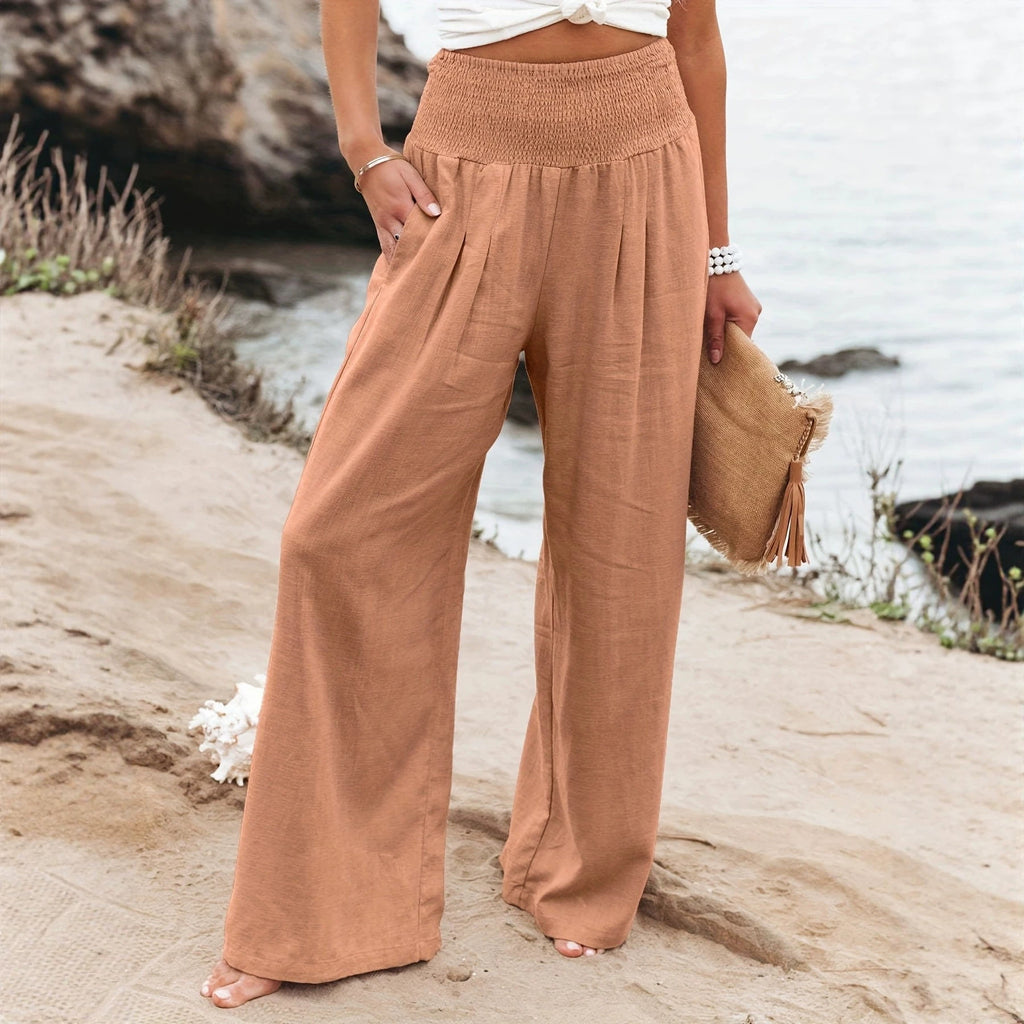 Women's Wide Linen Pants with Smocked Band and Side Pockets Fashion Glam