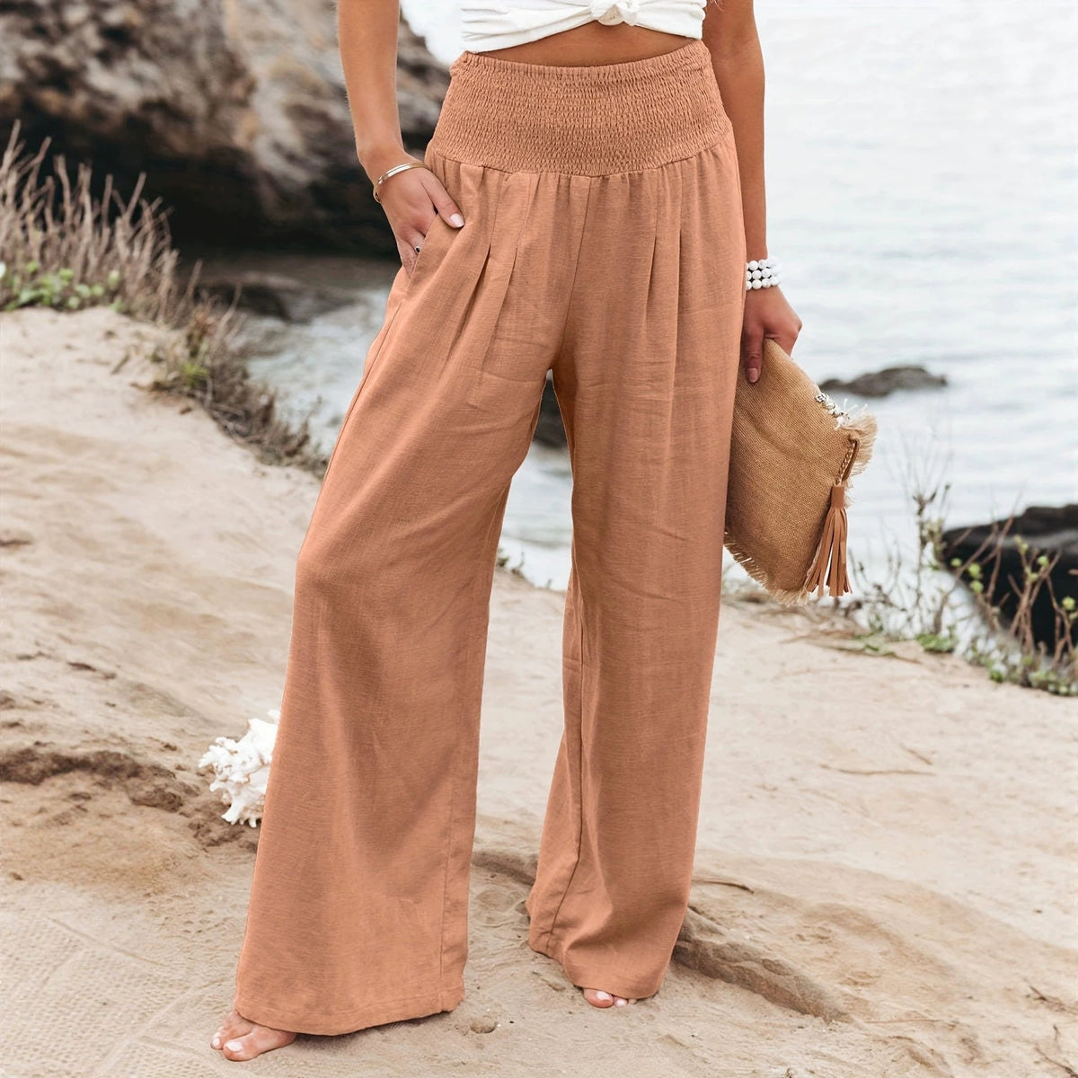 Women's Wide Linen Pants with Smocked Band and Side Pockets Fashion Glam