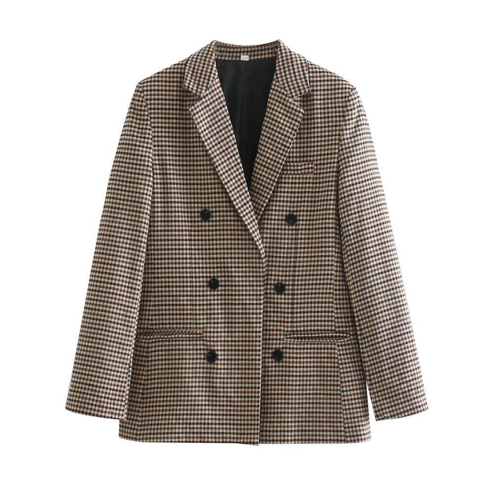 Women's Double-Breasted Houndstooth Blazer with Oversized Cut and Lapel Collar Fashion Glam