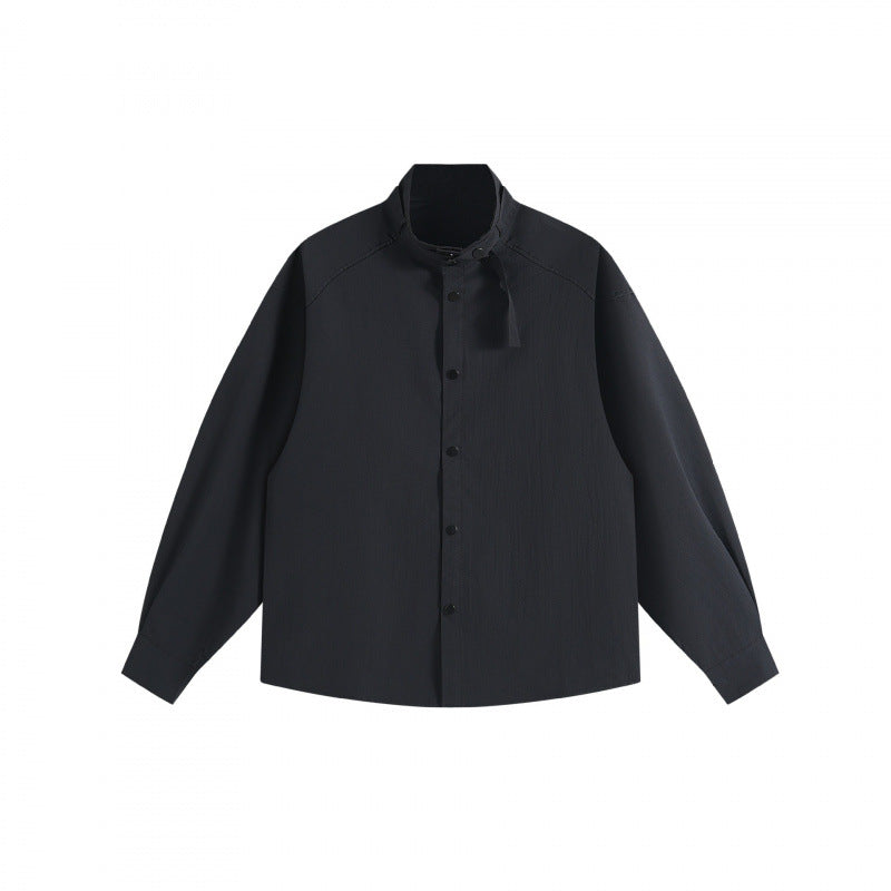 Unisex Boxy Overshirt with Stand Collar, Tie Loop and Snap Button Placket Fashion Glam