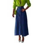 Ladies High-Waisted Maxi Denim Skirt with Asymmetrical Front Seam and Frayed Hem Fashion Glam