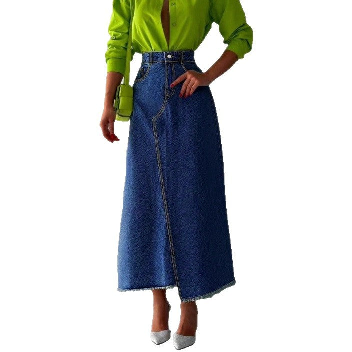 Ladies High-Waisted Maxi Denim Skirt with Asymmetrical Front Seam and Frayed Hem Fashion Glam