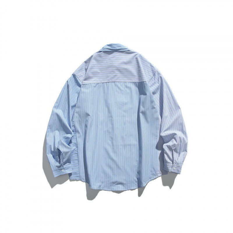 Unisex Oversize Shirt Jacket in Patchwork Stripe Look with Chest Pocket and Rounded Hem Fashion Glam
