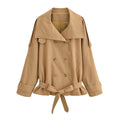 Women's Short Trench Coat with Cap Collar, Shoulder Tabs and Bow Tie Waist Belt Fashion Glam