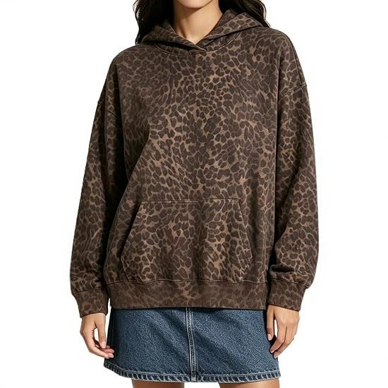 Women's Oversized Hoodie with Leopard Pattern, Kangaroo Pocket and Dropped Shoulder Fashion Glam