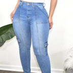 Women’s High-Waisted Cargo Skinny Jeans with Decorative Stitches Fashion Glam