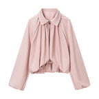 Women Cropped Jacket with Draped Front, Zipper and Balloon Sleeves Fashion Glam
