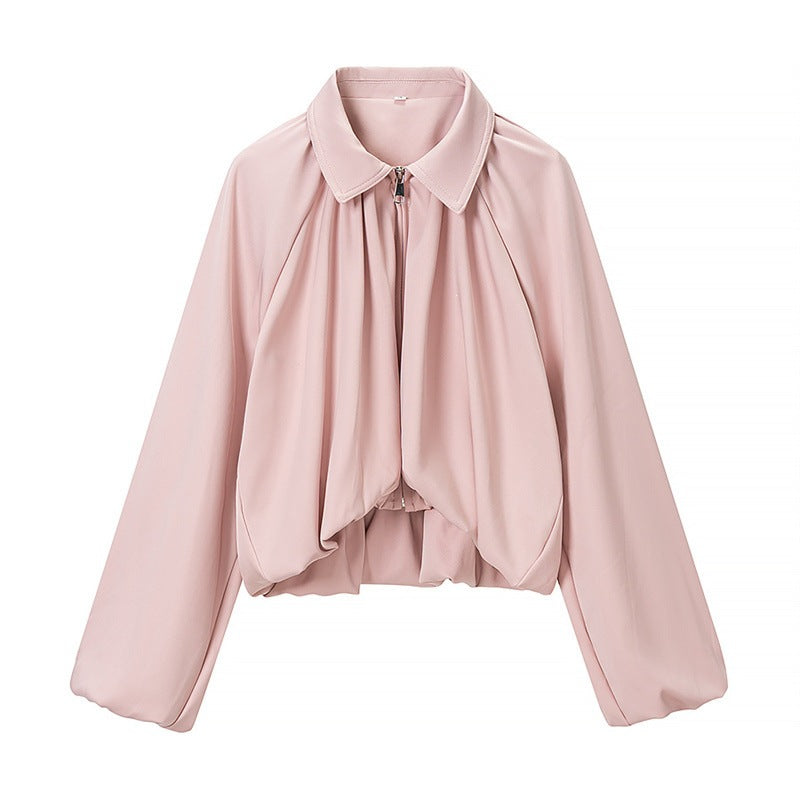 Women Cropped Jacket with Draped Front, Zipper and Balloon Sleeves Fashion Glam