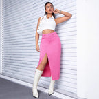 Women’s high-waisted pencil mid-skirt made of stretch denim with central leg slit and five-pocket details Fashion Glam