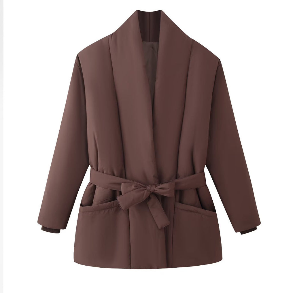 Ladies Quilted Short Jacket with Shawl Collar and Waist Belt Fashion Glam
