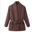 Ladies Quilted Short Jacket with Shawl Collar and Waist Belt Fashion Glam
