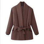 Ladies Quilted Short Jacket with Shawl Collar and Waist Belt Fashion Glam