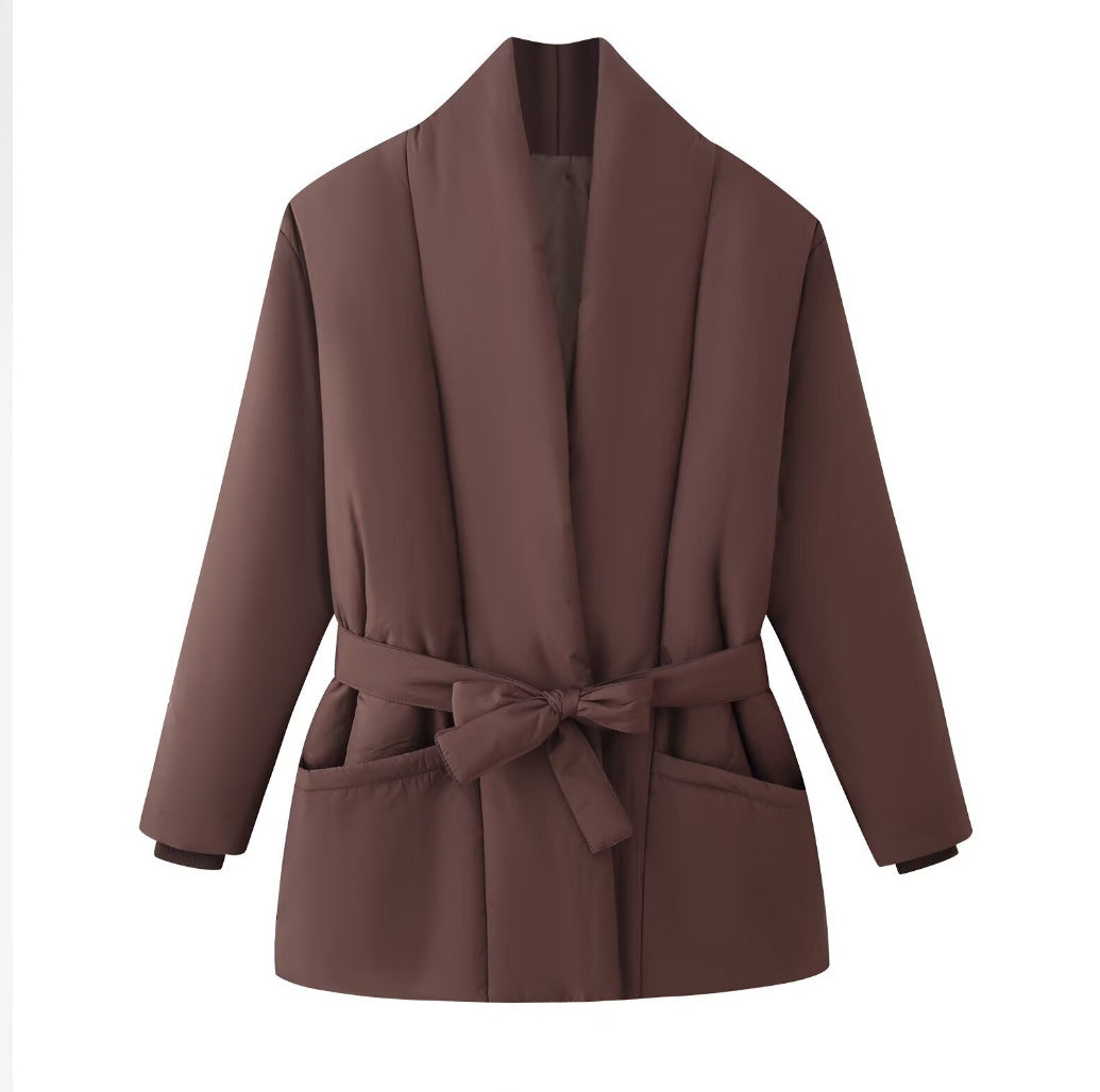 Ladies Quilted Short Jacket with Shawl Collar and Waist Belt Fashion Glam
