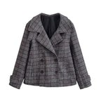 Women's Cropped Double-Breasted Blazer in Glen Check with Oversized Lapels and Turn-Up Sleeves Fashion Glam