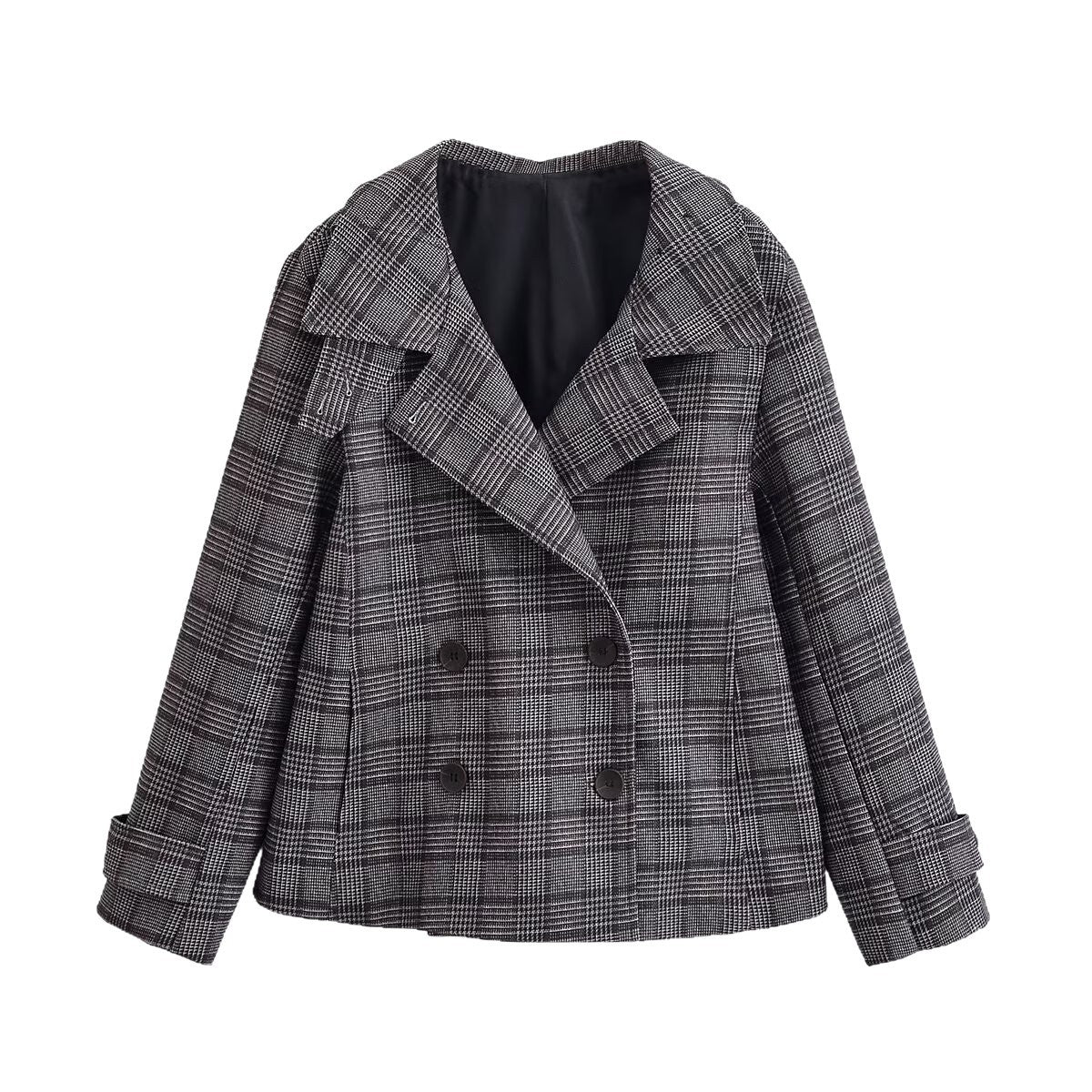 Women's Cropped Double-Breasted Blazer in Glen Check with Oversized Lapels and Turn-Up Sleeves Fashion Glam