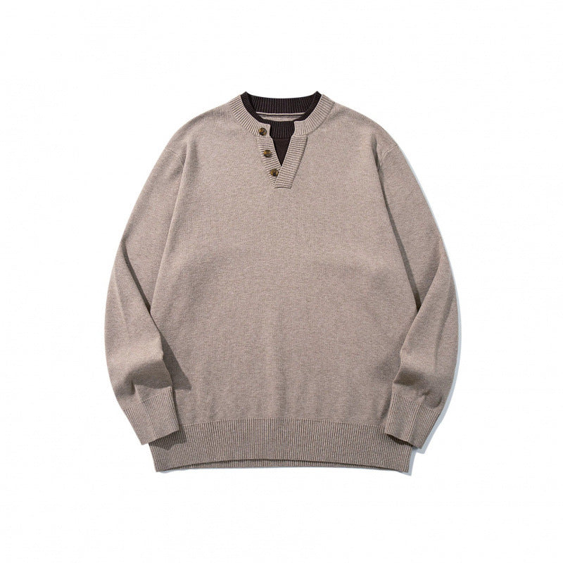 Unisex knit sweater with Henley button placket, contrast collar and boxy cut Fashion Glam
