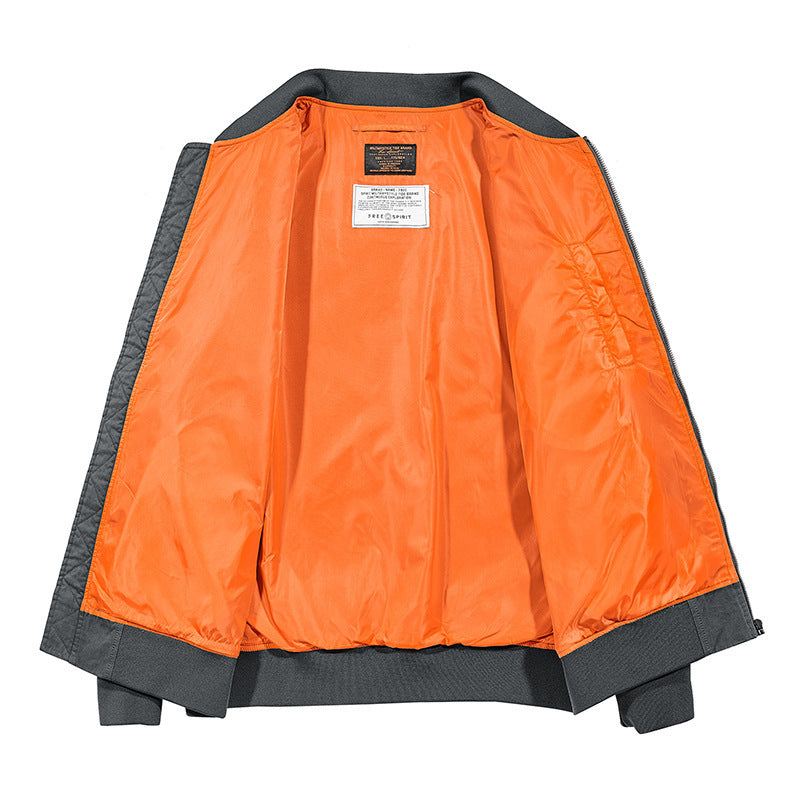 Men's pilot style bomber jacket with contrast color lining, arm pocket, and ribbed hem Fashion Glam