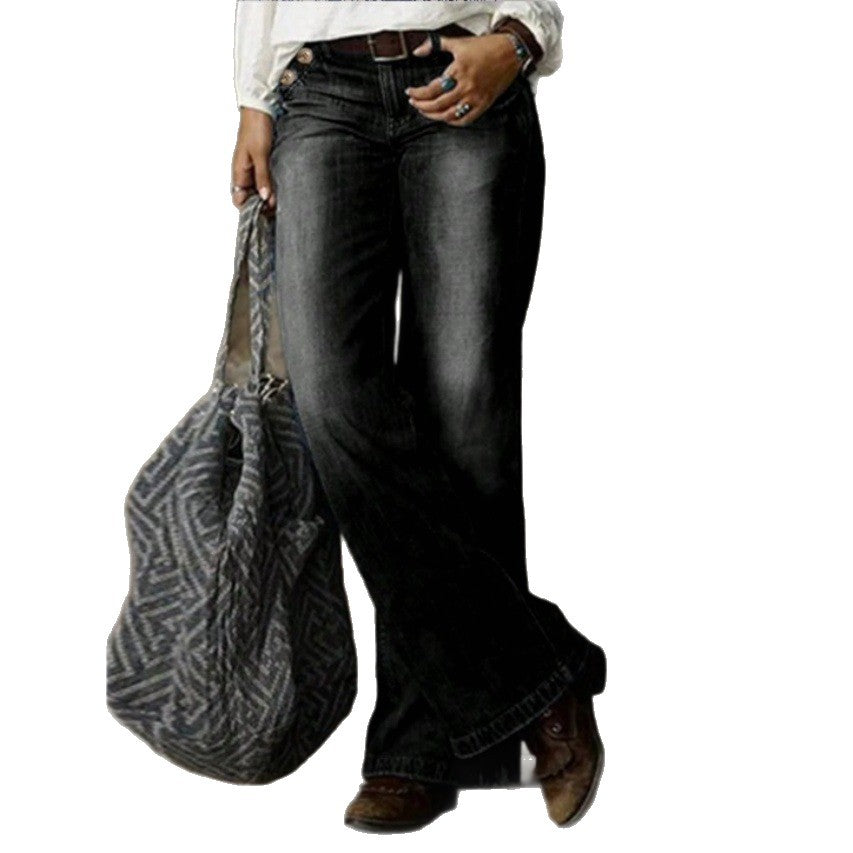 Women's Wide Vintage Jeans with High Waist and Used Wash Fashion Glam