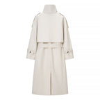 Women Longer double-breasted trench coat with high stand-up collar and waist belt Fashion Glam