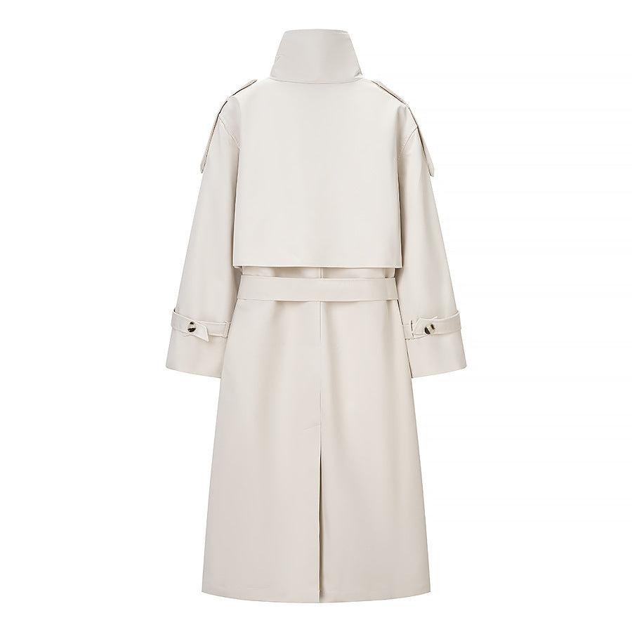 Women Longer double-breasted trench coat with high stand-up collar and waist belt Fashion Glam