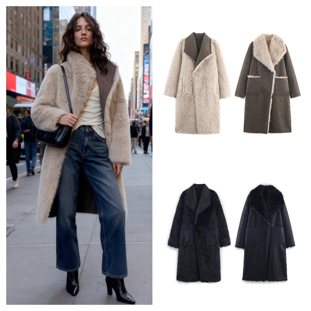 Women Longer Reversible Faux Fur Coat with Oversized Shawl Collar and Patch Pockets Fashion Glam