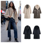 Women Longer Reversible Faux Fur Coat with Oversized Shawl Collar and Patch Pockets Fashion Glam