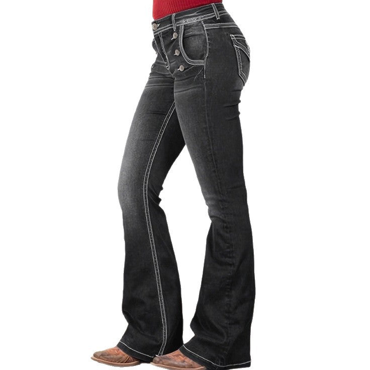 Women's high-waisted sculpting bootcut jeans with side decorative buttons Fashion Glam