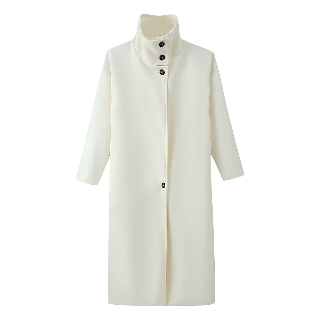 Women's Straight Midi-Length Coat with High Stand-Up Collar and Concealed Button Placket Fashion Glam
