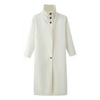 Women's Straight Midi-Length Coat with High Stand-Up Collar and Concealed Button Placket Fashion Glam