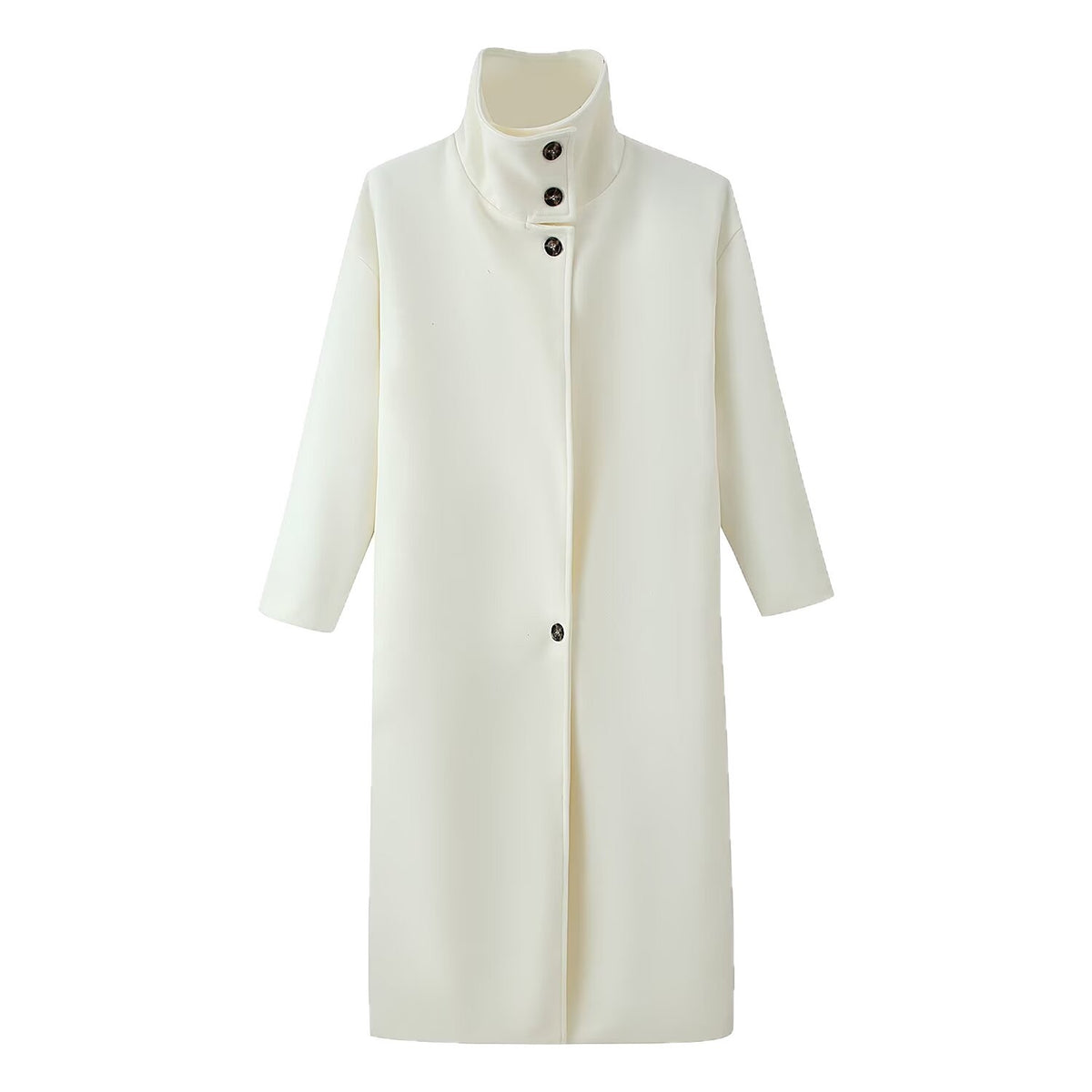 Women's Straight Midi-Length Coat with High Stand-Up Collar and Concealed Button Placket Fashion Glam