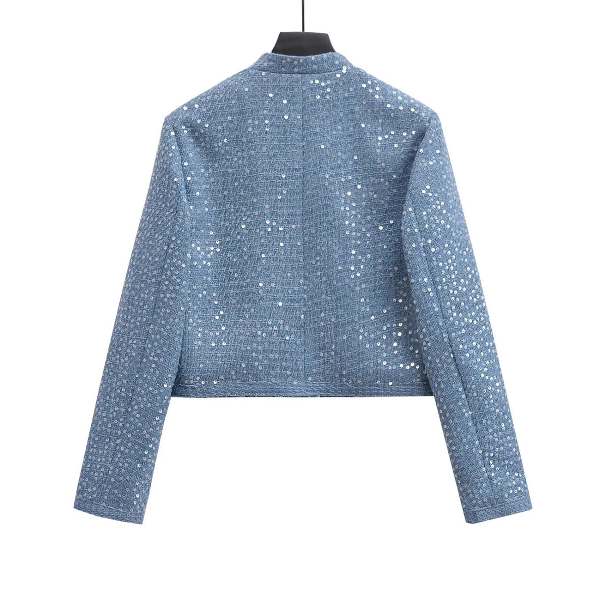 Women's Short Blazer Made of Boucle Tweed with Sequins and Flap Pockets Fashion Glam