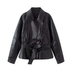 Women's short jacket made of faux leather with a belted waist and shirt collar Fashion Glam