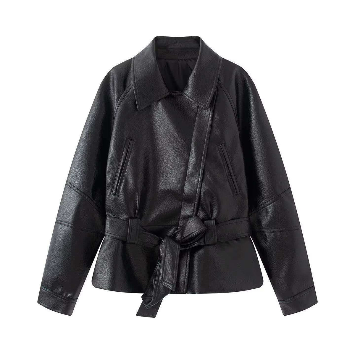 Women's short jacket made of faux leather with a belted waist and shirt collar Fashion Glam