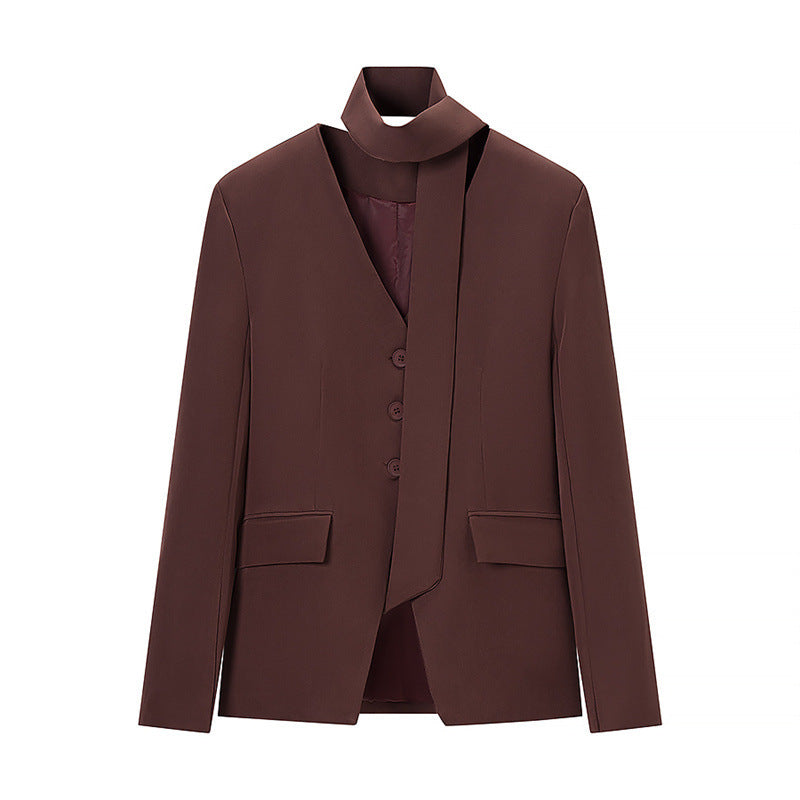 Women's Tailored Blazer with Bow, V-Neck and Flap Pockets Fashion Glam