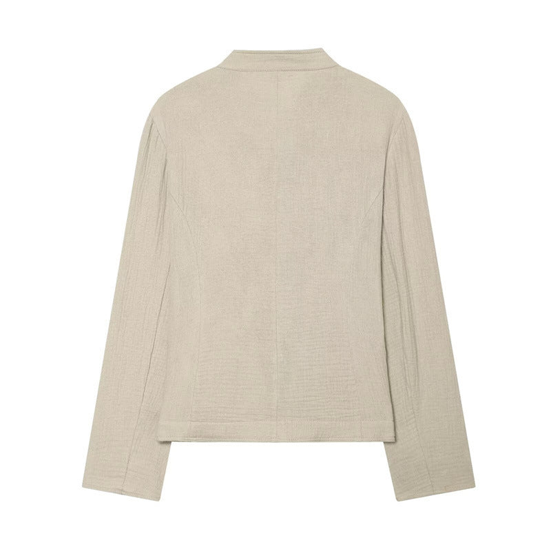 Women Boxy Linen Blazer with Stand Collar, Decorative Button Placket and Patch Pockets Fashion Glam