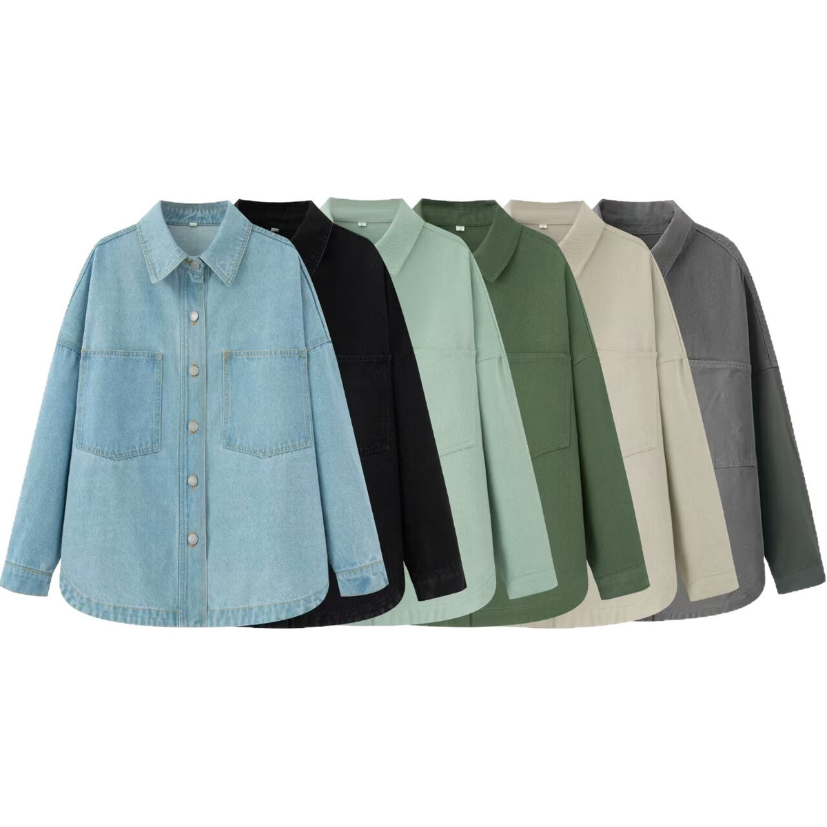 Women's Oversize Jeans Shirt Jacket in Boxy Cut with Patch Chest Pockets and Rounded Hem Fashion Glam