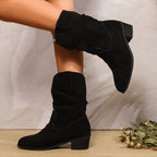 Ladies Velvet Leather Slouch Cowboy Boots with Low Block Heel Fashion Glam