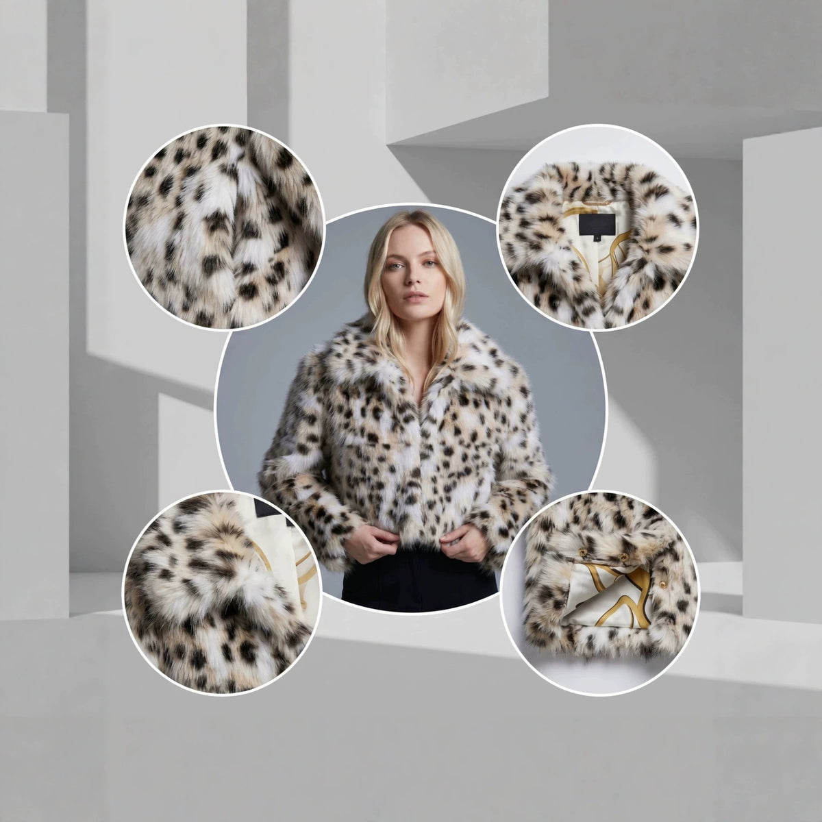 Women short cut faux fur jacket with graphic spot pattern and boxy silhouette Fashion Glam