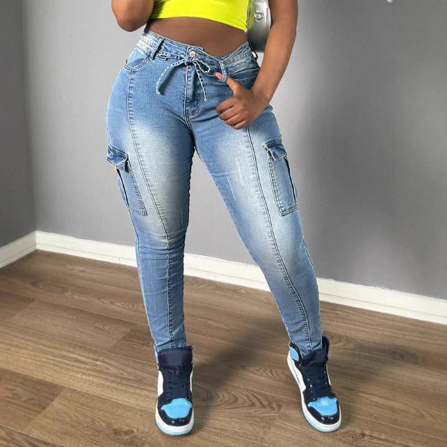 Women's High-waisted stretchy Cargo Skinny Jeans with drawstring waistband Fashion Glam