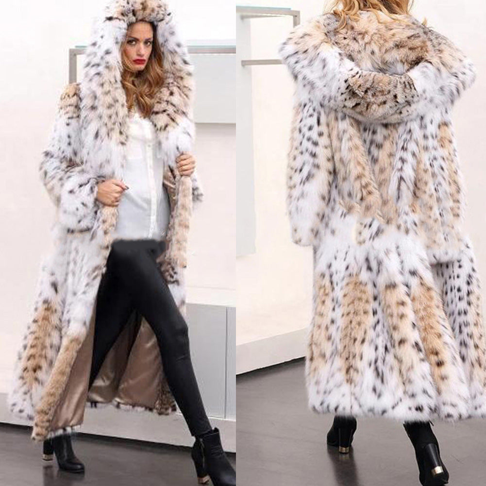 Women's Longer Faux Fur Coat with Hood and Lynx Look Fashion Glam