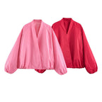 Women's Oversized Bomber Jacket with Kimono Sleeves and Elastic Hem Fashion Glam