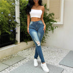 Women's High-Waist Sculpting Skinny Jeans with Asymmetrical Knee Rips and Shaping Comfort Waistband Fashion Glam