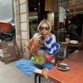 Women Oversize Knit Sweater in Mohair Look with Colorful Block Stripes Fashion Glam