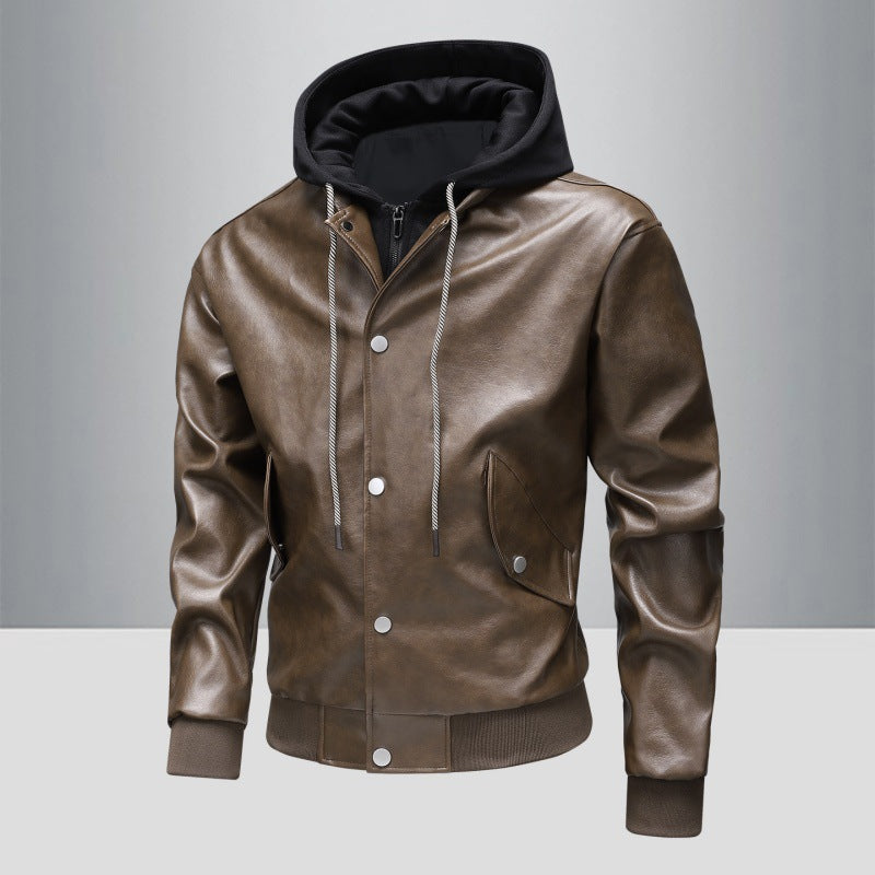 Men's leather bomber jacket with integrated hood insert and ribbed cuffs Fashion Glam