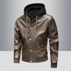 Men's leather bomber jacket with integrated hood insert and ribbed cuffs Fashion Glam